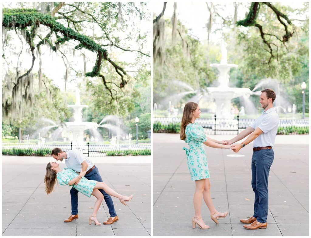 Engagement session in Forsyth park with newly engaged couple