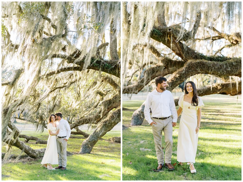 Engaged couple sharing sweet moments under the majestic oak trees in Beaufort, SC.