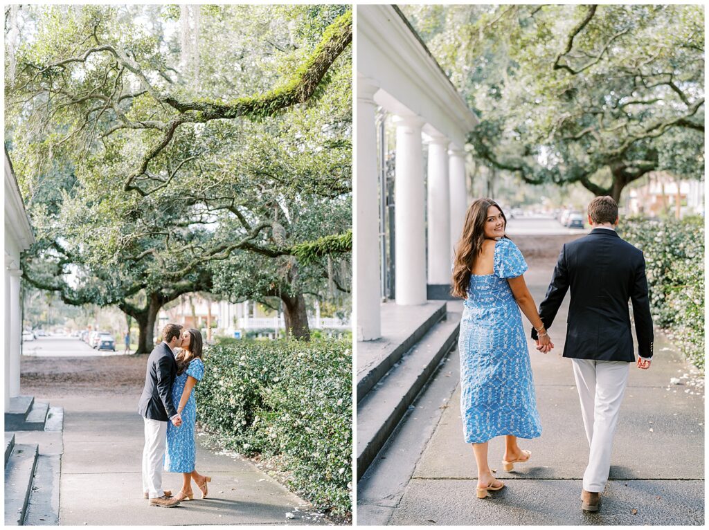 forsyth park engagement photos with newly engaged couple