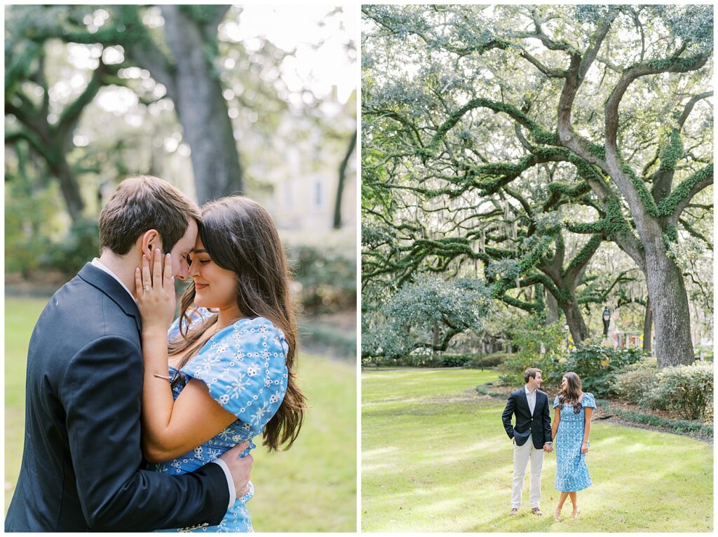forsyth park engagement photos with newly engaged couple